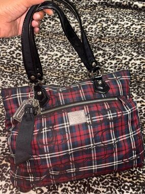 Coach Red and Navy Plaid Shoulder Tote with Black Leather Handles